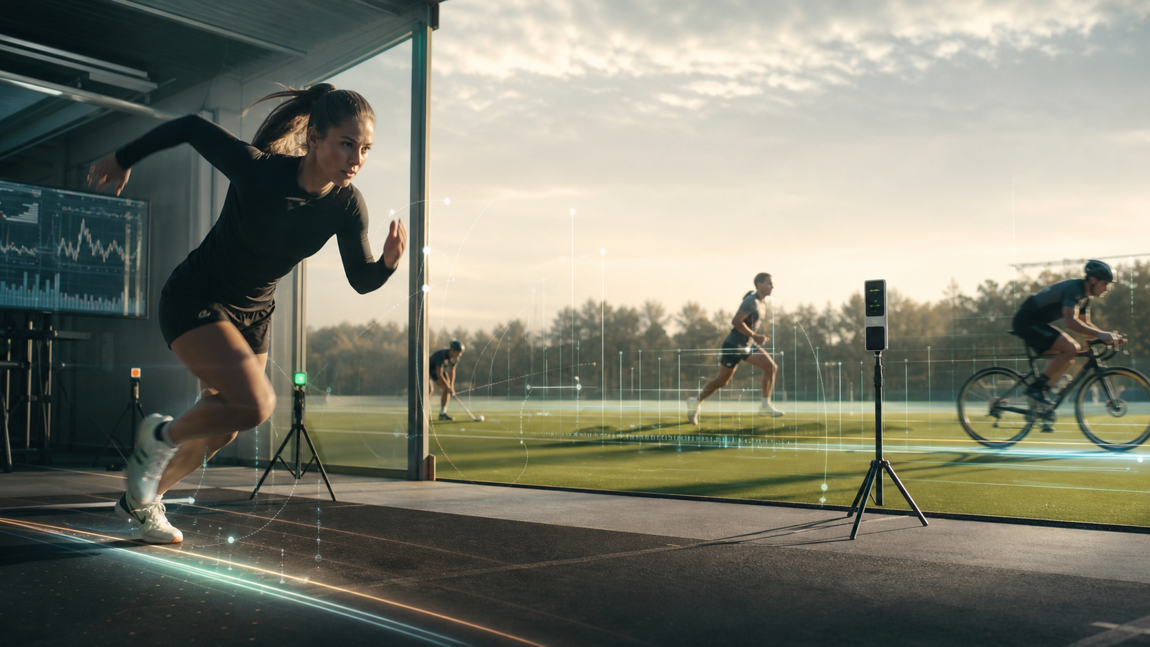 Atleten in een moderne performance omgeving met meetdata en veldtraining